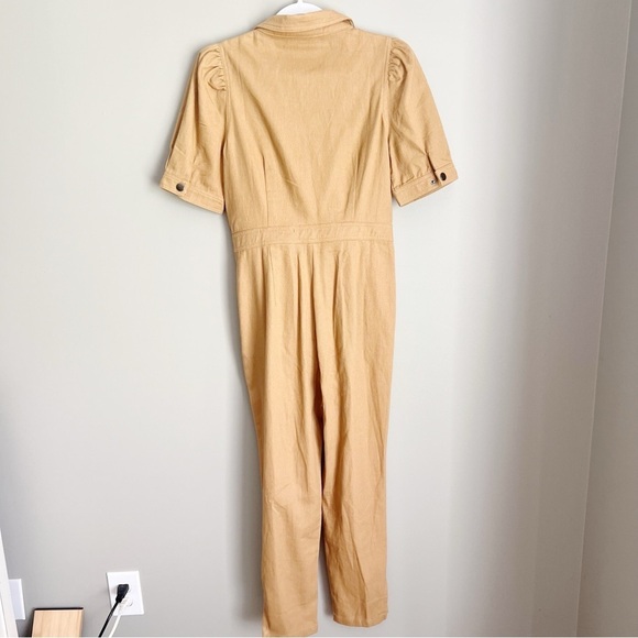 2/25 Boutique Day & Moon Denim Puff Sleeve Jumpsuit Romper Mustard Gold M - Picture 3 of 7